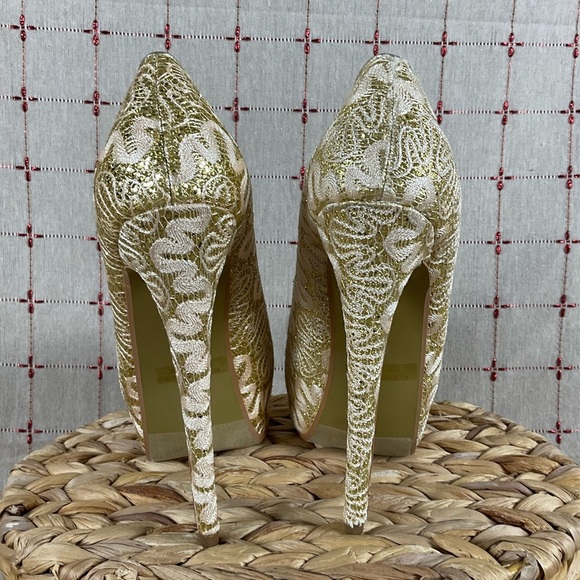 LaSonia Golden Glitter Ribbons Ultra High Platform Stilettos New Sz 7 Heels - Picture 4 of 7